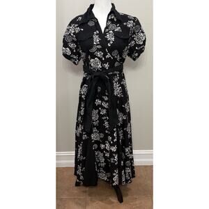 NWT XL Black White Floral Short Puff Sleeve Midi Faux Wrap V Neck Classic Pocket